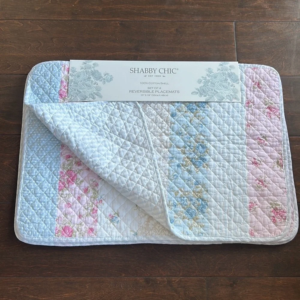 Shabby Chic 4 Scalloped Edged Quilted Placemats New Floral Roses Striped